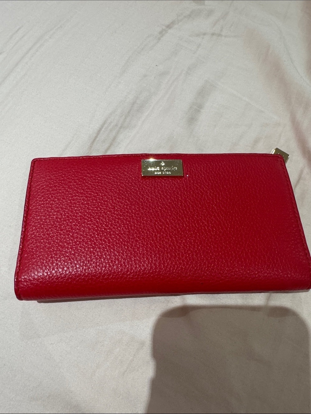 Brand New Kate Spade Red Pebbled Leather Zip Wallet with Gold Plate